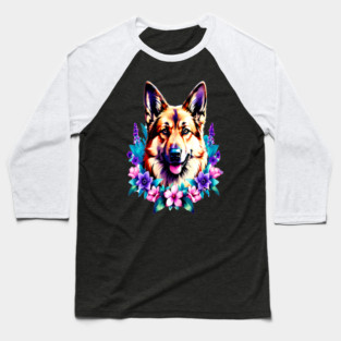 German Shepherd Dog Surrounded by Beautiful Spring Flowers Baseball T-Shirt