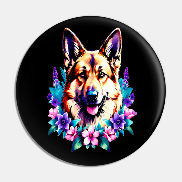German Shepherd Dog Surrounded by Beautiful Spring Flowers Pin by BirdsnStuff
