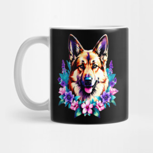 German Shepherd Dog Surrounded by Beautiful Spring Flowers Mug