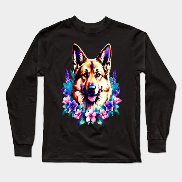 German Shepherd Dog Surrounded by Beautiful Spring Flowers Long Sleeve T-Shirt by BirdsnStuff