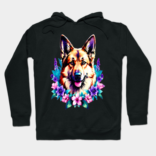 German Shepherd Dog Surrounded by Beautiful Spring Flowers Hoodie by BirdsnStuff