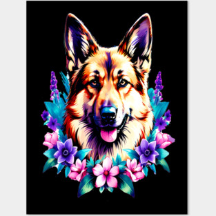 German Shepherd Dog Surrounded by Beautiful Spring Flowers Posters and Art