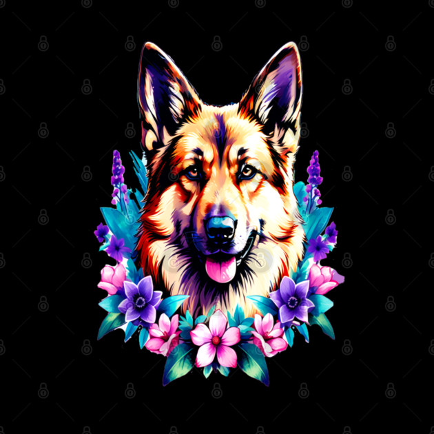 German Shepherd Dog Surrounded by Beautiful Spring Flowers by BirdsnStuff