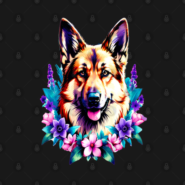 German Shepherd Dog Surrounded by Beautiful Spring Flowers by BirdsnStuff