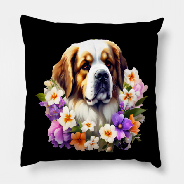 Saint Bernard Dog Surrounded by Beautiful Spring Flowers Pillow by BirdsnStuff