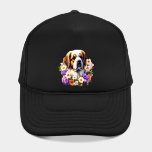 Saint Bernard Dog Surrounded by Beautiful Spring Flowers Hat