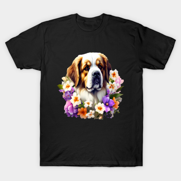 Saint Bernard Dog Surrounded by Beautiful Spring Flowers T-Shirt by BirdsnStuff