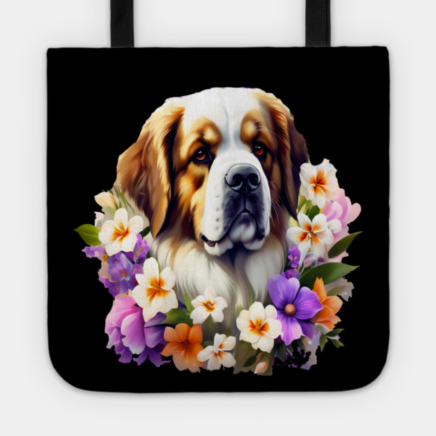 Saint Bernard Dog Surrounded by Beautiful Spring Flowers Tote by BirdsnStuff