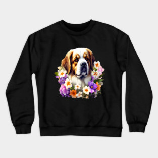 Saint Bernard Dog Surrounded by Beautiful Spring Flowers Crewneck Sweatshirt