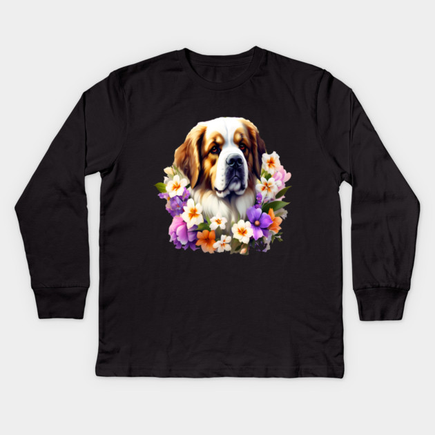 Saint Bernard Dog Surrounded by Beautiful Spring Flowers Kids Long Sleeve T-Shirt by BirdsnStuff
