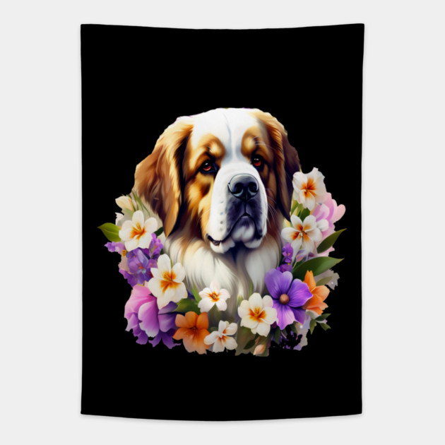 Saint Bernard Dog Surrounded by Beautiful Spring Flowers Tapestry by BirdsnStuff