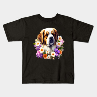 Saint Bernard Dog Surrounded by Beautiful Spring Flowers Kids T-Shirt