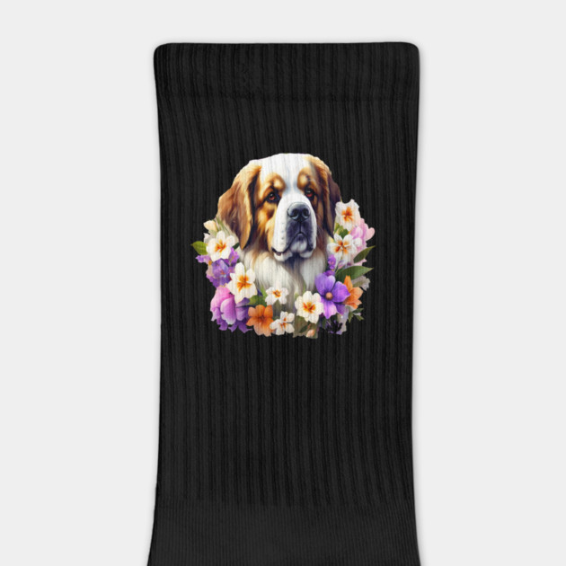 Saint Bernard Dog Surrounded by Beautiful Spring Flowers by BirdsnStuff