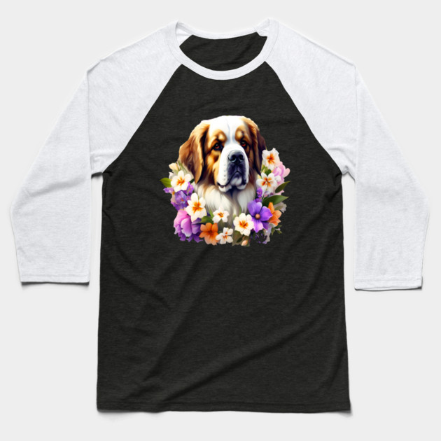 Saint Bernard Dog Surrounded by Beautiful Spring Flowers Baseball T-Shirt by BirdsnStuff