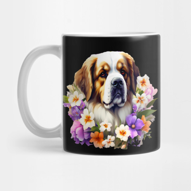 Saint Bernard Dog Surrounded by Beautiful Spring Flowers by BirdsnStuff