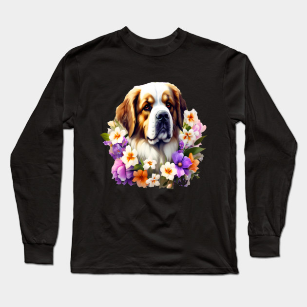 Saint Bernard Dog Surrounded by Beautiful Spring Flowers Long Sleeve T-Shirt by BirdsnStuff