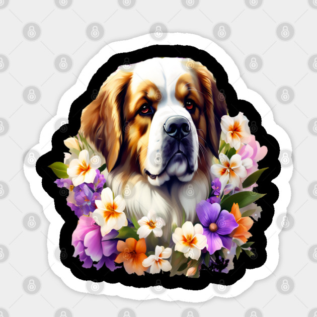 Saint Bernard Dog Surrounded by Beautiful Spring Flowers Sticker by BirdsnStuff