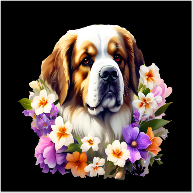 Saint Bernard Dog Surrounded by Beautiful Spring Flowers Wall Art by BirdsnStuff