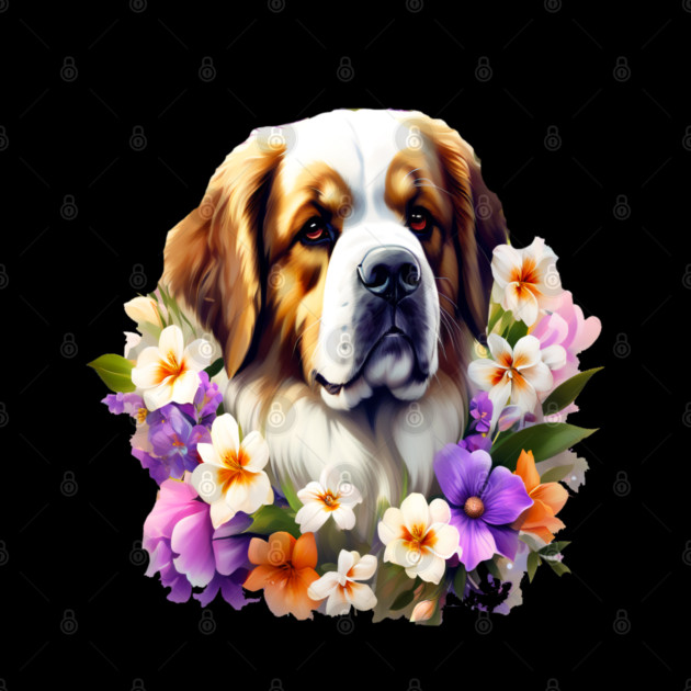 Saint Bernard Dog Surrounded by Beautiful Spring Flowers by BirdsnStuff