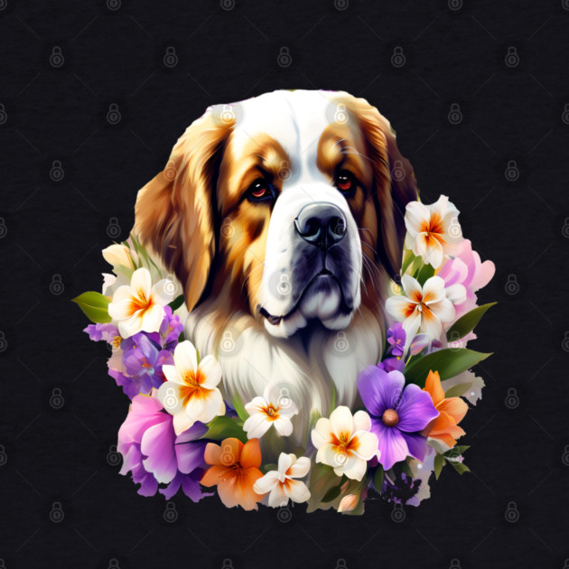 Saint Bernard Dog Surrounded by Beautiful Spring Flowers by BirdsnStuff
