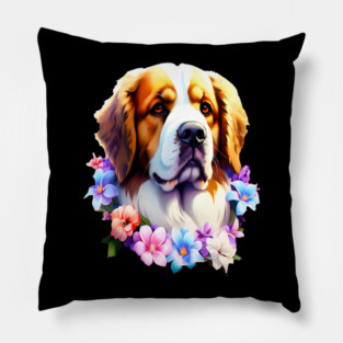 Saint Bernard Dog Surrounded by Beautiful Spring Flowers Pillow