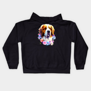 Saint Bernard Dog Surrounded by Beautiful Spring Flowers Kids Hoodie