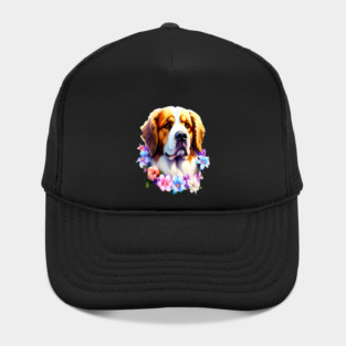 Saint Bernard Dog Surrounded by Beautiful Spring Flowers Hat
