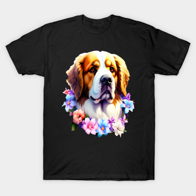 Saint Bernard Dog Surrounded by Beautiful Spring Flowers T-Shirt by BirdsnStuff