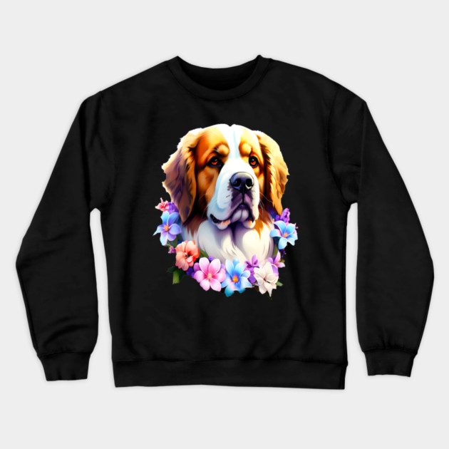 Saint Bernard Dog Surrounded by Beautiful Spring Flowers Crewneck Sweatshirt by BirdsnStuff