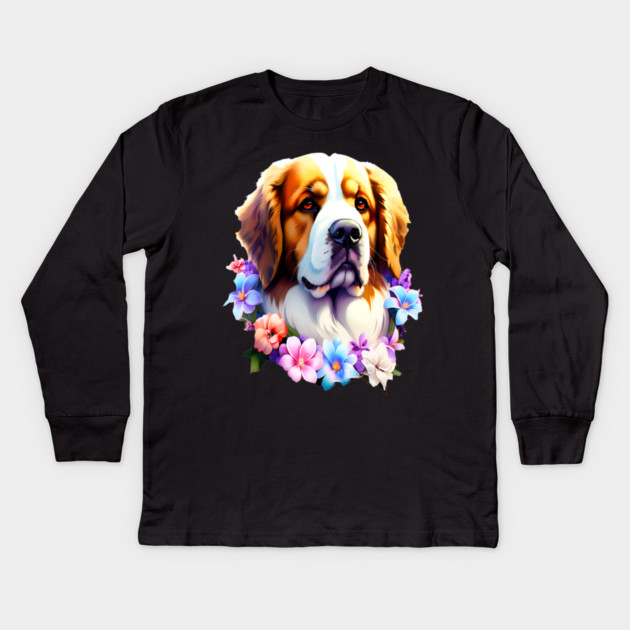 Saint Bernard Dog Surrounded by Beautiful Spring Flowers Kids Long Sleeve T-Shirt by BirdsnStuff