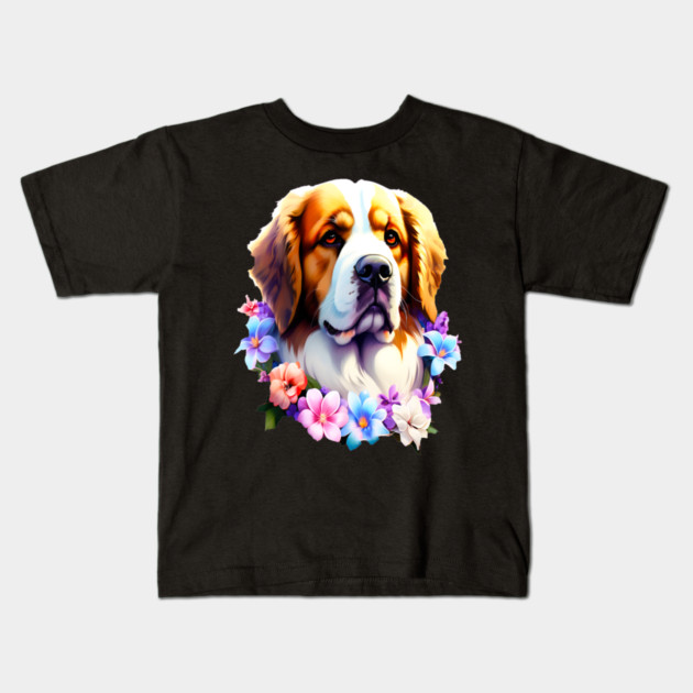 Saint Bernard Dog Surrounded by Beautiful Spring Flowers Kids T-Shirt by BirdsnStuff