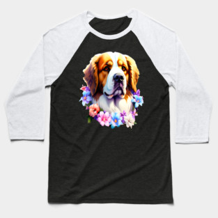 Saint Bernard Dog Surrounded by Beautiful Spring Flowers Baseball T-Shirt