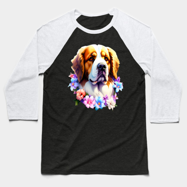 Saint Bernard Dog Surrounded by Beautiful Spring Flowers Baseball T-Shirt by BirdsnStuff