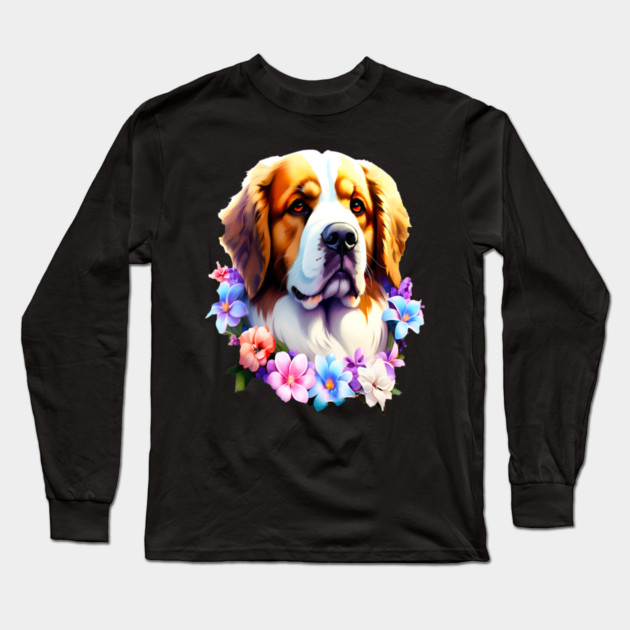 Saint Bernard Dog Surrounded by Beautiful Spring Flowers Long Sleeve T-Shirt by BirdsnStuff
