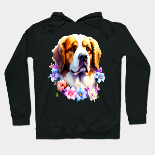Saint Bernard Dog Surrounded by Beautiful Spring Flowers Hoodie by BirdsnStuff