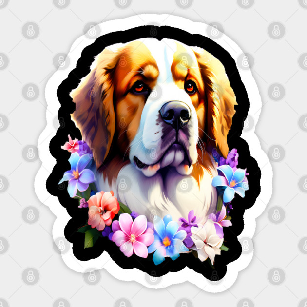 Saint Bernard Dog Surrounded by Beautiful Spring Flowers Sticker by BirdsnStuff