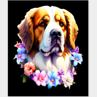Saint Bernard Dog Surrounded by Beautiful Spring Flowers Posters and Art