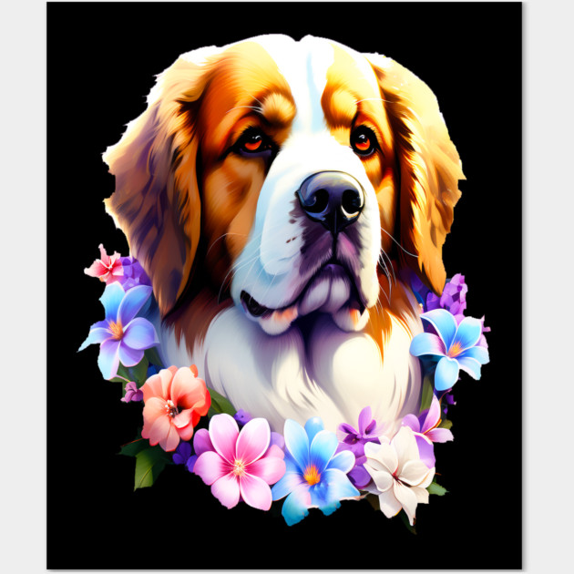 Saint Bernard Dog Surrounded by Beautiful Spring Flowers Wall Art by BirdsnStuff