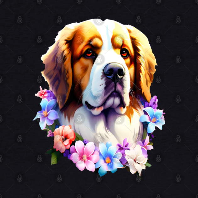 Saint Bernard Dog Surrounded by Beautiful Spring Flowers by BirdsnStuff