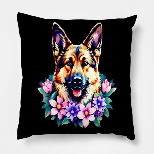 German Shepherd Dog Surrounded by Beautiful Spring Flowers Pillow by BirdsnStuff