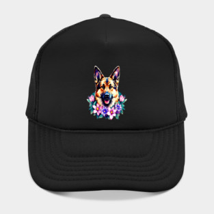 German Shepherd Dog Surrounded by Beautiful Spring Flowers Hat