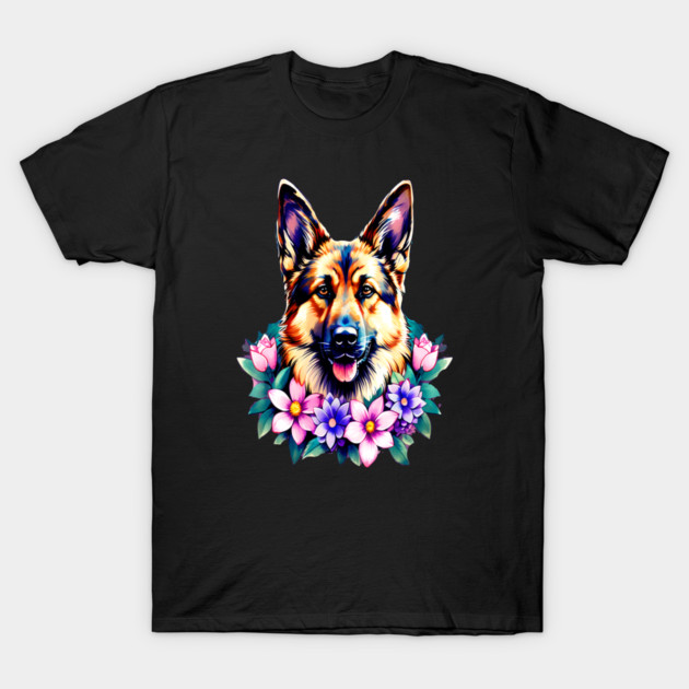 German Shepherd Dog Surrounded by Beautiful Spring Flowers T-Shirt by BirdsnStuff