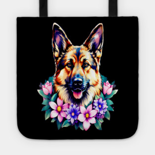 German Shepherd Dog Surrounded by Beautiful Spring Flowers Tote