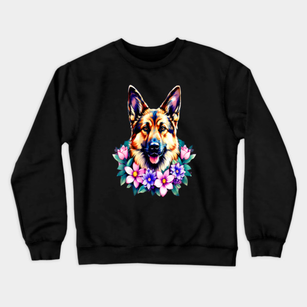 German Shepherd Dog Surrounded by Beautiful Spring Flowers Crewneck Sweatshirt by BirdsnStuff