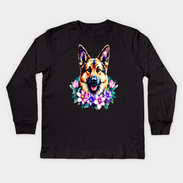 German Shepherd Dog Surrounded by Beautiful Spring Flowers Kids Long Sleeve T-Shirt by BirdsnStuff