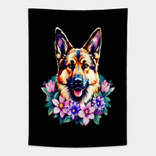 German Shepherd Dog Surrounded by Beautiful Spring Flowers Tapestry
