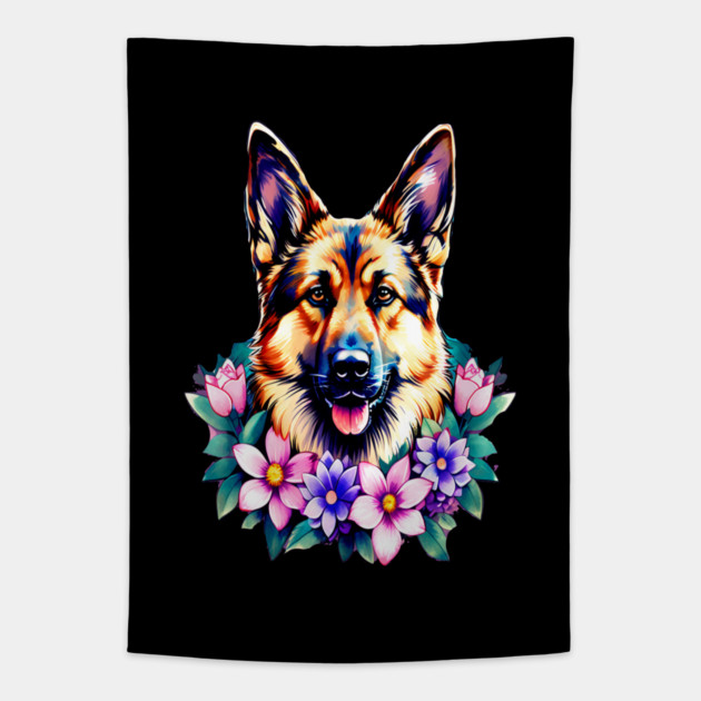 German Shepherd Dog Surrounded by Beautiful Spring Flowers Tapestry by BirdsnStuff