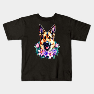 German Shepherd Dog Surrounded by Beautiful Spring Flowers Kids T-Shirt