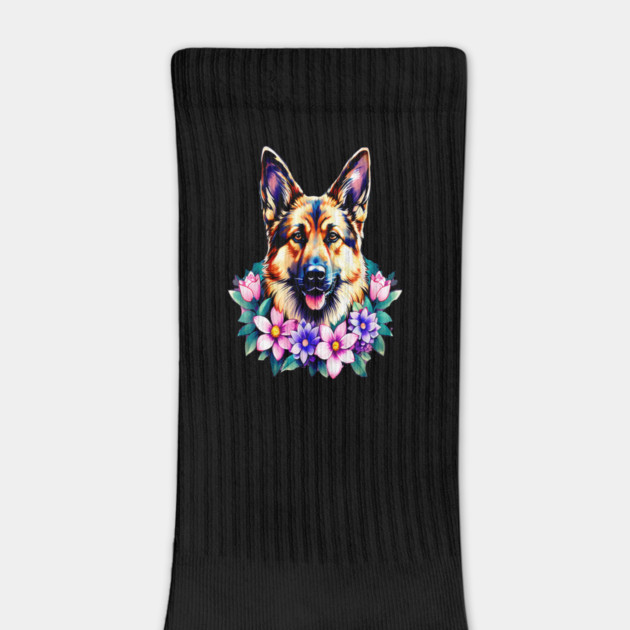 German Shepherd Dog Surrounded by Beautiful Spring Flowers by BirdsnStuff