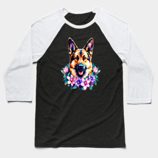 German Shepherd Dog Surrounded by Beautiful Spring Flowers Baseball T-Shirt